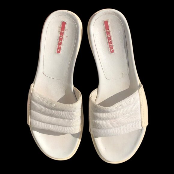 Prada Women's Ivory Patent Leather Canvas Platform Slides Sandals, 35 / 4.5 - Picture 2 of 16